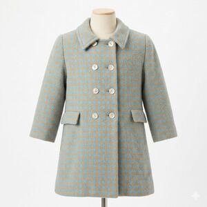 Charabia Paris Coat Girls 4 Blue Brown Houndstooth Wool Double Breasted French
